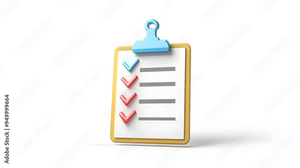 Poster 3d clipboard, checklist symbol. assignment target icon. project task management and effective time p