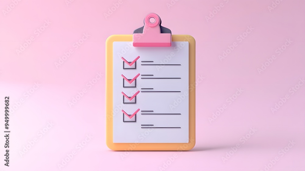 Poster 3d clipboard, checklist symbol. assignment target icon. project task management and effective time p