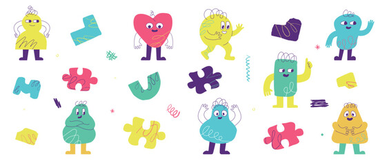 A collection of colorful children's characters, various figures and doodles. Elements of naive design.