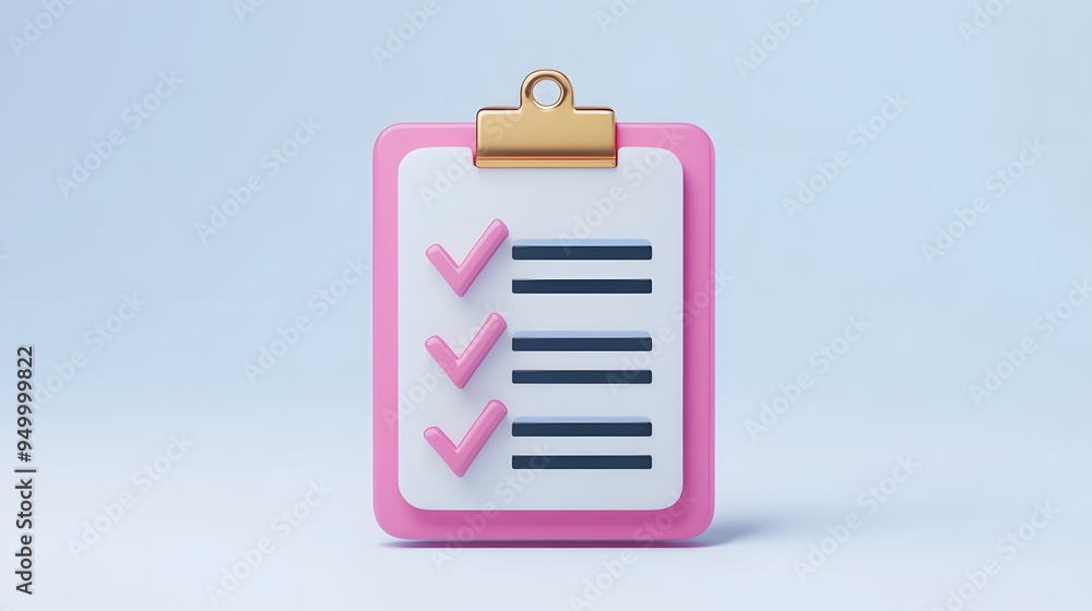 Poster 3d clipboard, checklist symbol. assignment target icon. project task management and effective time p