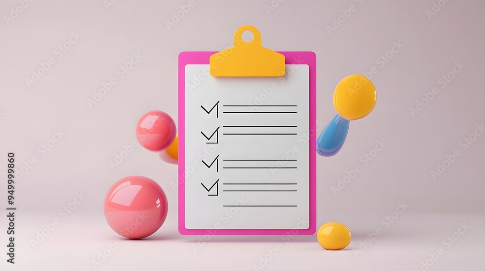 Poster 3d clipboard, checklist symbol. assignment target icon. project task management and effective time p