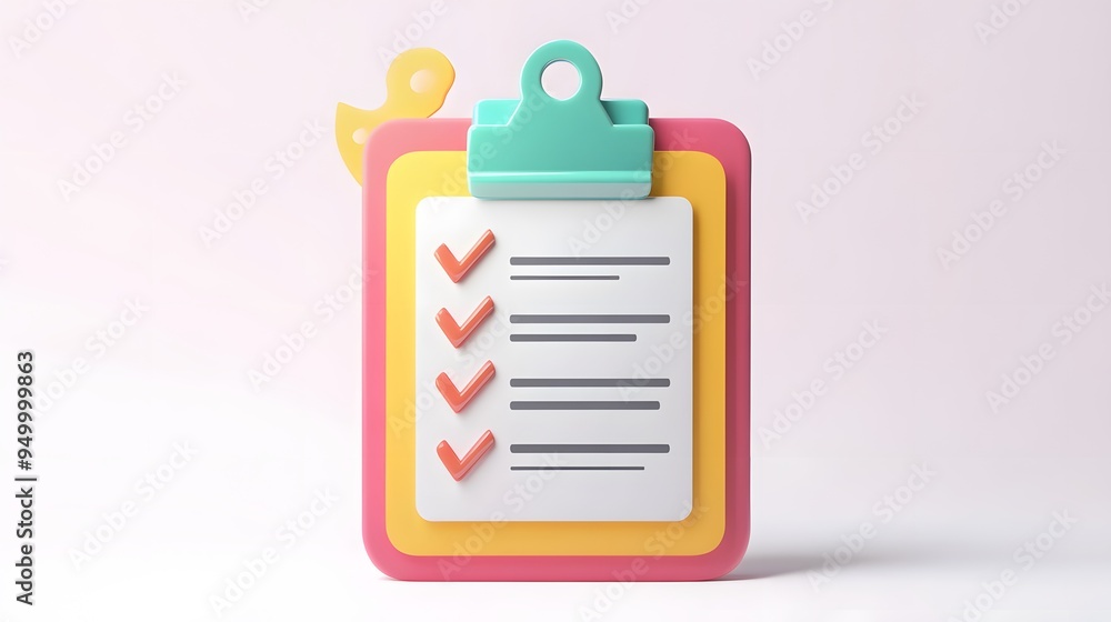 Poster 3d clipboard, checklist symbol. assignment target icon. project task management and effective time p