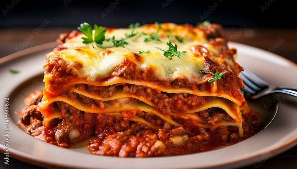 Wall mural photo of a scrumptious plate of homemade lasagna with melted cheese and layers of pasta and meat sau