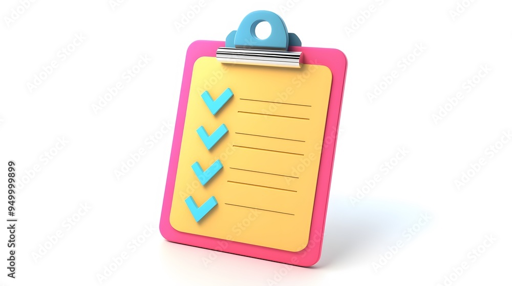 Poster 3d clipboard, checklist symbol. assignment target icon. project task management and effective time p