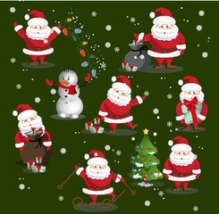 Marry christmas set santa tradition , gif bag, green tree, ski, snowman,  new year celebrate, festive , set charackter