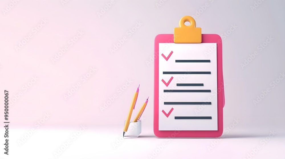 Poster 3d clipboard, checklist symbol. assignment target icon. project task management and effective time p