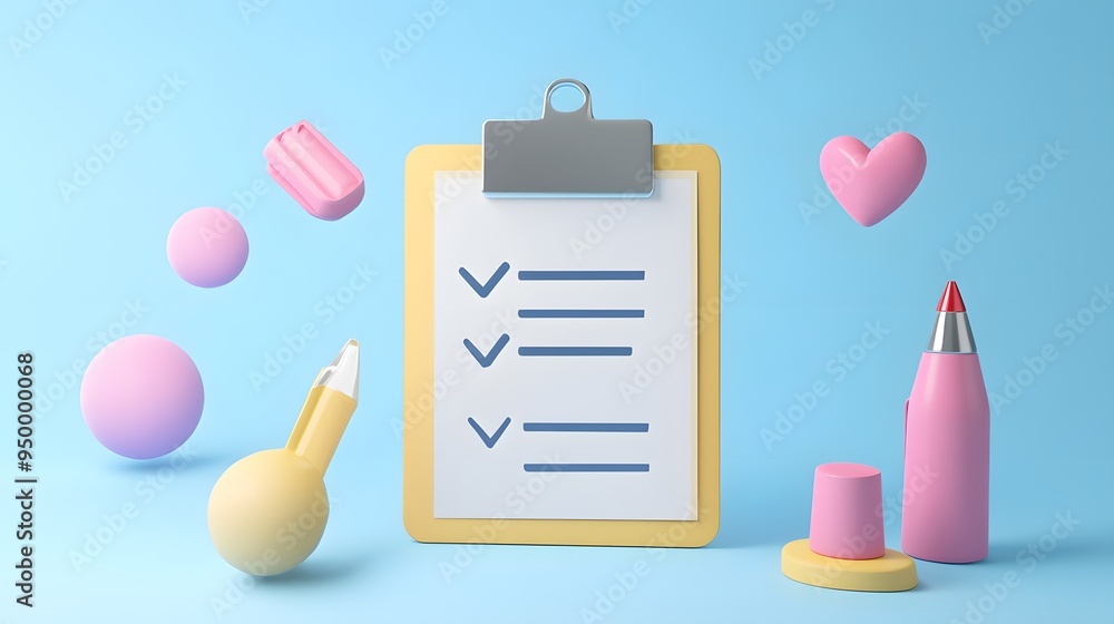 Poster 3d clipboard, checklist symbol. assignment target icon. project task management and effective time p