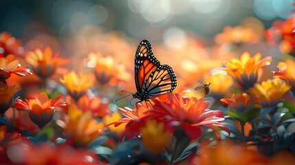 A butterfly is sitting on a flower in a field of flowers