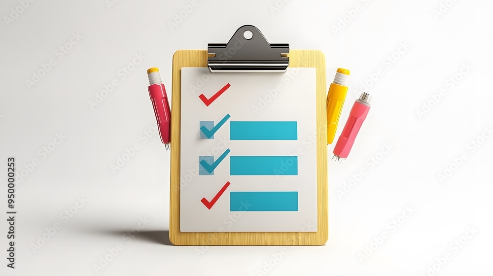 Poster 3d clipboard, checklist symbol. assignment target icon. project task management and effective time p