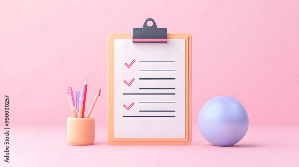 Poster 3d clipboard, checklist symbol. assignment target icon. project task management and effective time p