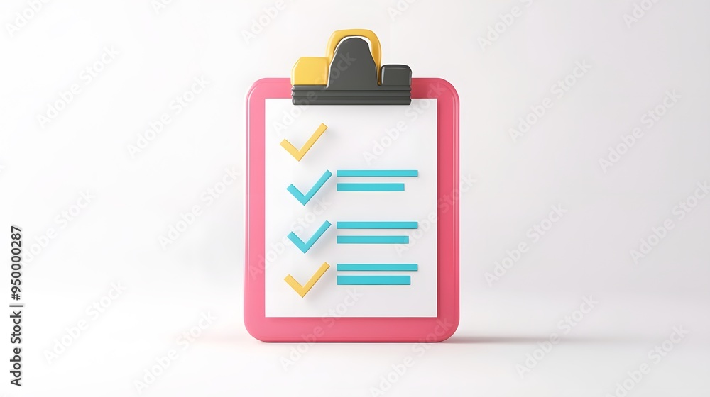 Poster 3d clipboard, checklist symbol. assignment target icon. project task management and effective time p