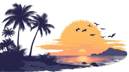A serene beach scene featuring swaying palms, a vibrant sunset, and flying birds, perfect for evoking tranquility and nature's beauty.