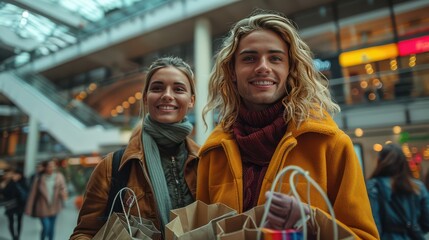 Happy Couple Shopping in Modern Mall, Carrying Bags of Purchases with Crowded Background of Shoppers and Architecture
