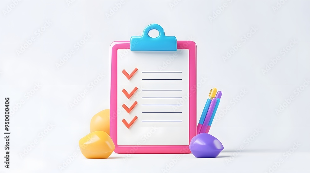 Poster 3d clipboard, checklist symbol. assignment target icon. project task management and effective time p
