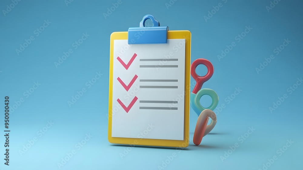 Poster 3d clipboard, checklist symbol. assignment target icon. project task management and effective time p