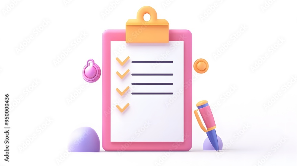 Poster 3d clipboard, checklist symbol. assignment target icon. project task management and effective time p