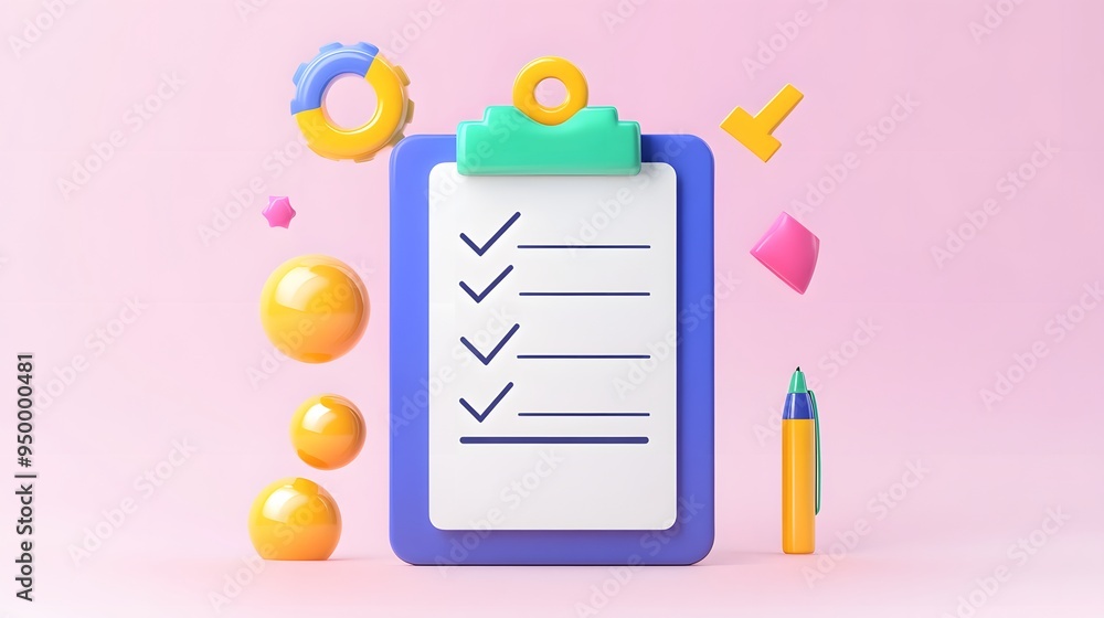 Poster 3d clipboard, checklist symbol. assignment target icon. project task management and effective time p