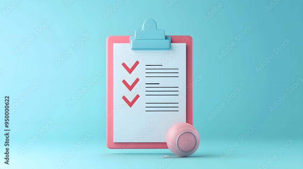 Poster 3d clipboard, checklist symbol. assignment target icon. project task management and effective time p