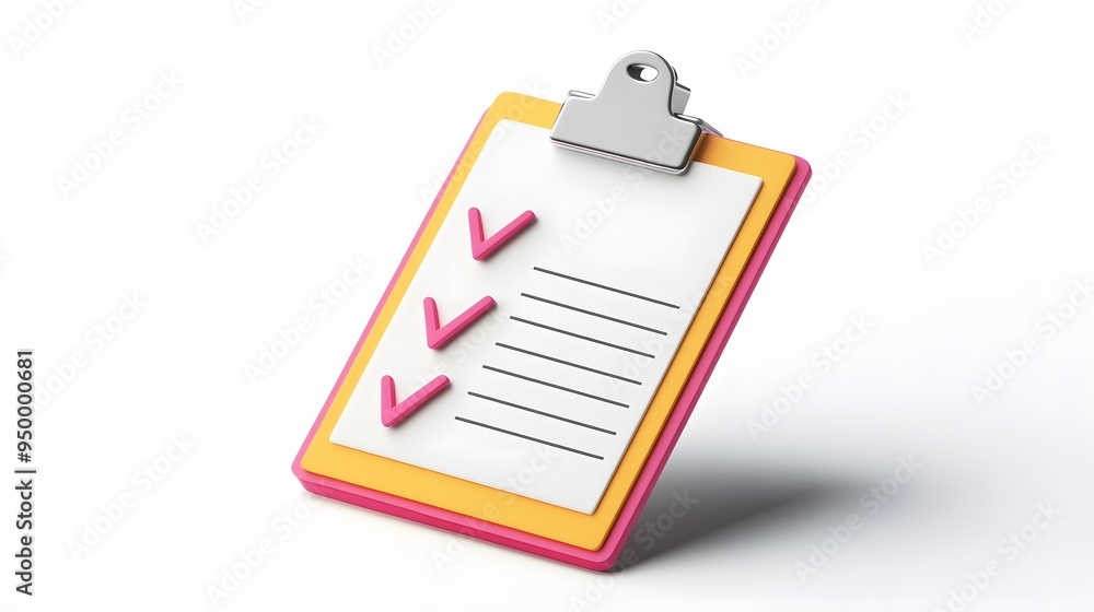 Poster 3d clipboard, checklist symbol. assignment target icon. project task management and effective time p