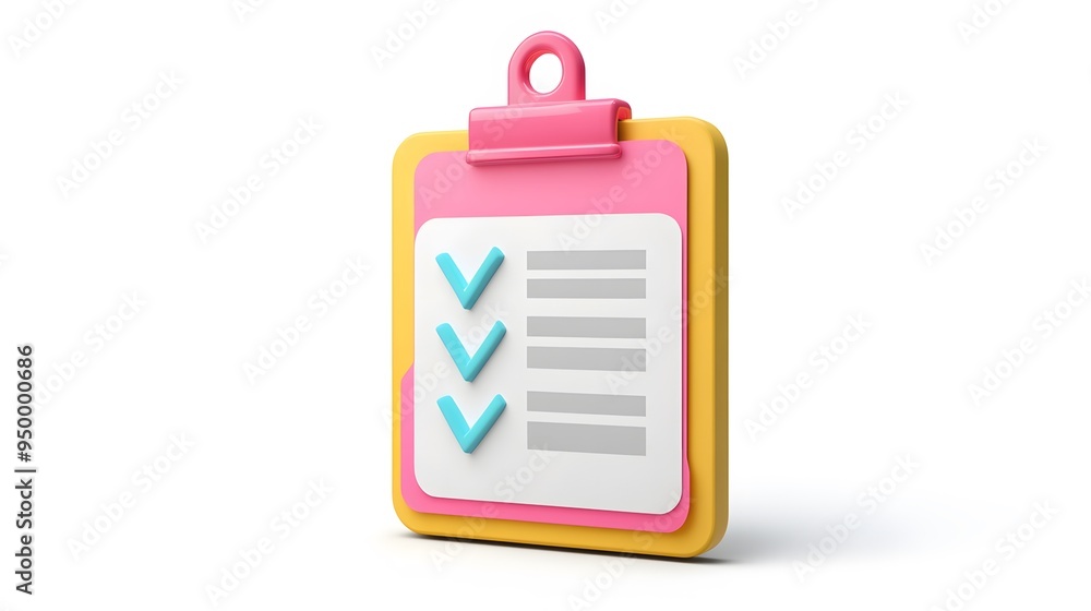 Poster 3d clipboard, checklist symbol. assignment target icon. project task management and effective time p