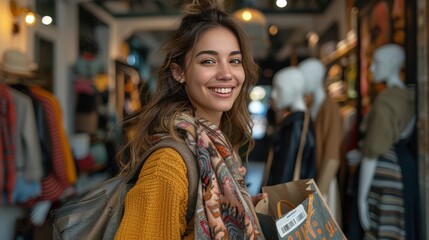Obraz premium Smiling Woman Holding Shopping Bag with Sale Tag Outside Trendy Clothing Store Amid Stylish Mannequins and Fashion Items