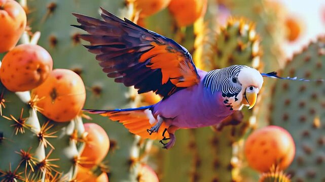 A vibrant parakeet flying amidst prickly pear fruits, showcasing its colorful plumage against a desert backdrop.