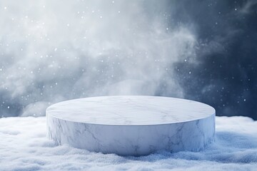 Ice podium with snowy background for mockup display or presentation of products. Advertising theme concept. Generative Ai