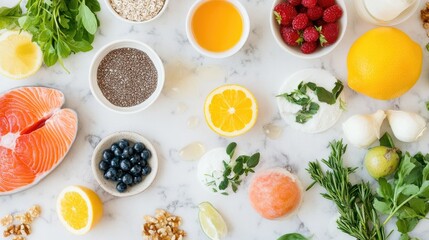 A flat lay of a healthy breakfast spread, featuring collagen supplements and fresh ingredients.