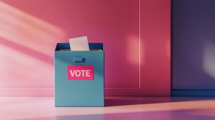 Voting ballot being inserted into box with minimalistic color background