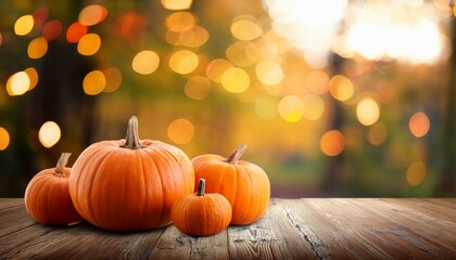 Pumpkins on a wooden table on a background with trees and blurred lights, Generative AI