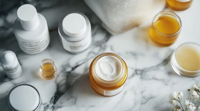 A flat lay of a skincare routine featuring collagen-infused creams and serums, on a marble surface.