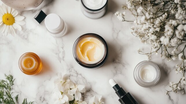 A flat lay of a skincare routine featuring collagen-infused creams and serums, on a marble surface.