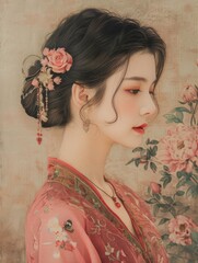 Fototapeta premium Profile of Woman with Floral Hair Ornament in Traditional Pink Attire