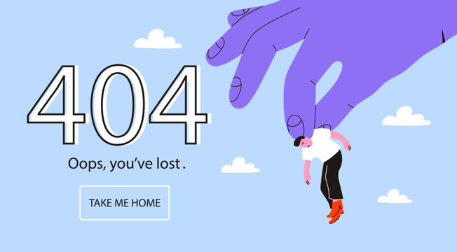 Big hand holding a falling man. Oops, you've lost text. Error 404, page not found, system error concept. Website, browser failure, popping window, problem template. Hand drawn Vector illustration