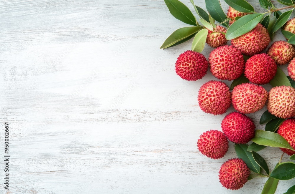 Sticker Lychee Fruit with Green Leaves on White Wooden Background