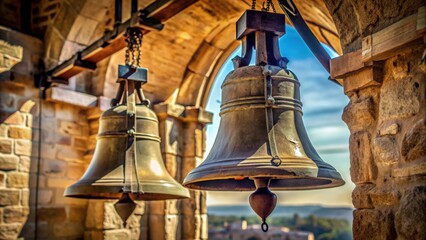 Obraz premium Close up of two bells hanging in a church tower, church, bells, religious, architecture, tradition, historic, symbol, chime