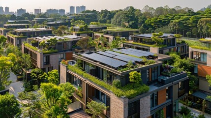 Obraz premium Modern Green Sustainable Eco-Friendly Housing Estate With Solar Panels