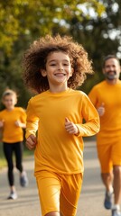 Obraz premium A family jogging together in the early morning, with parents and children in matching athletic gear, running along a tree-lined path