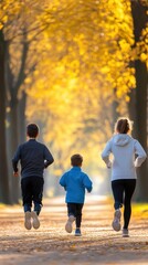 Obraz premium A family jogging together in the early morning, with parents and children in matching athletic gear, running along a tree-lined path