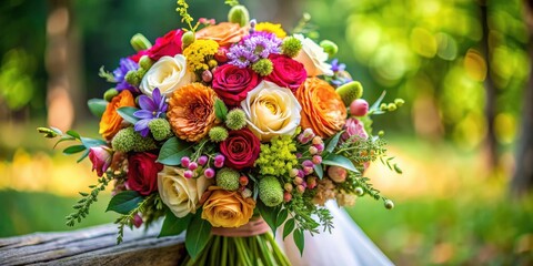 Beautiful bridal bouquet with a variety of colorful flowers and greenery, wedding, bride, bouquet, flowers, roses