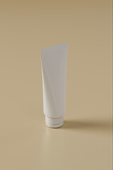 A white tube of lotion standing upright on a beige surface