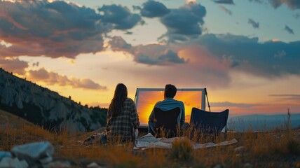 couple enjoying a romantic movie on a makeshift screen at the back of their car,