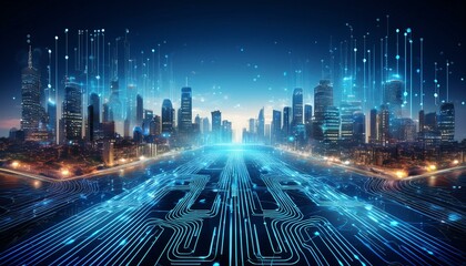 Smart city technology concept depicted with modern cityscape and digital circuit overlay.
