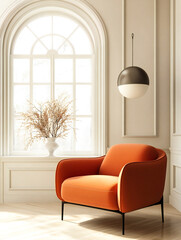 Orange armchair in a room with an arched window in the interior of a modern living room in Japanese style