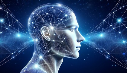 Stock illustration of a human head with interconnected lines and a starry blue background.