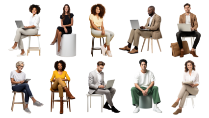 PNG diverse people sitting design element set, transparent background