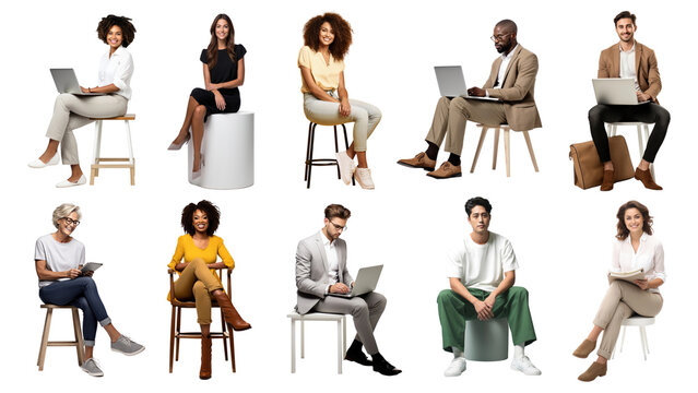 PNG diverse people sitting design element set, transparent background