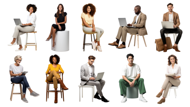 PNG diverse people sitting design element set, transparent background