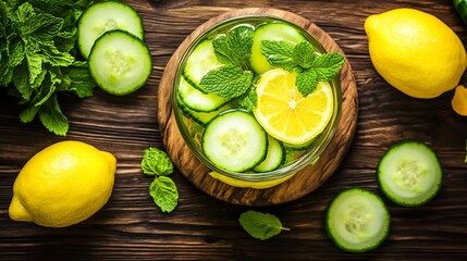 Overhead view of refreshing detox water setup with lemon cucumber and mint displayed on a wooden table