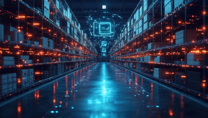 Futuristic Warehouse with Digital Network and glowing Boxes